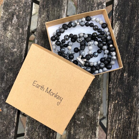 Two-strand natural stone & sterling silver beaded necklace (black/grey) - Picture 6 of 9